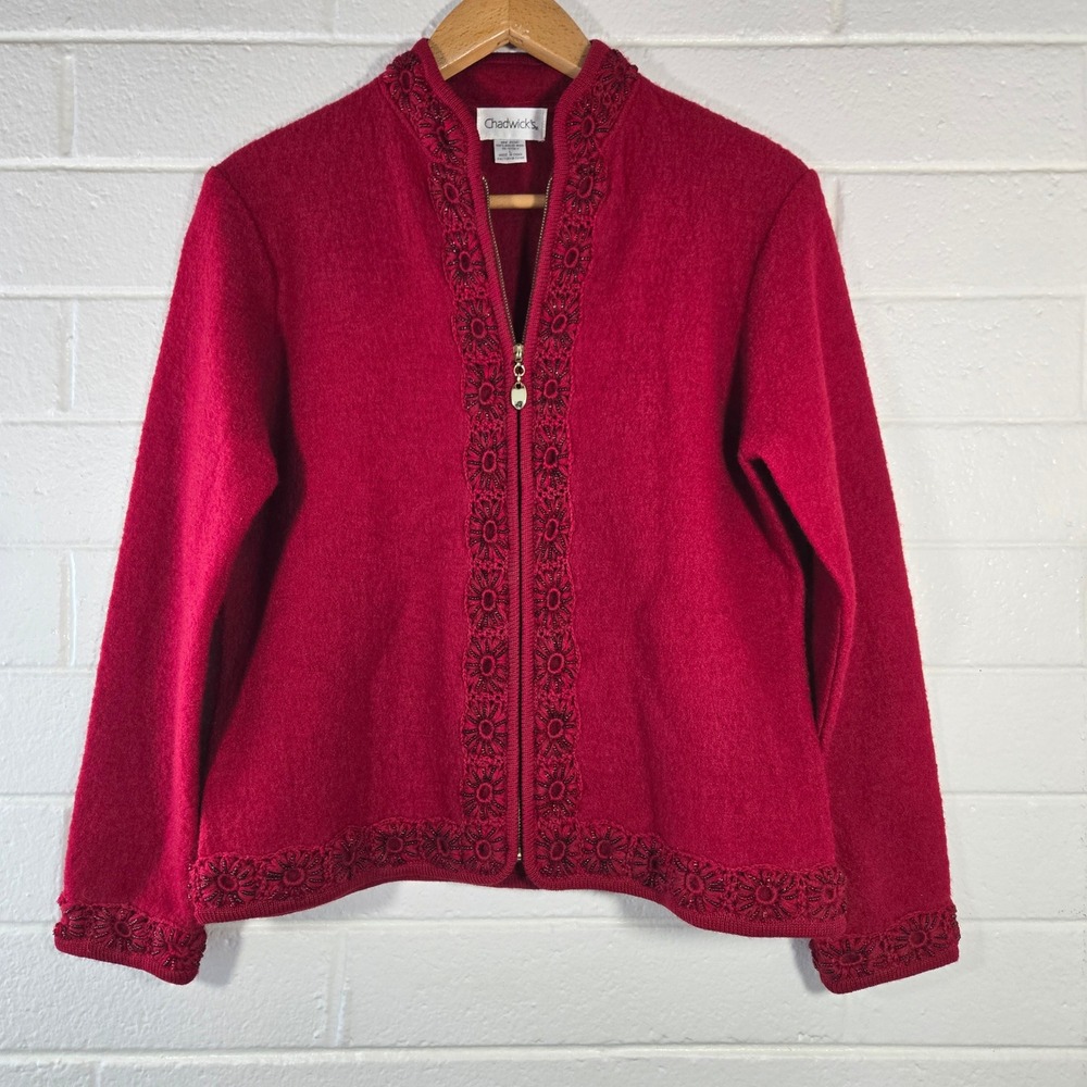 Vtg Chadwicks Boiled Wool Jacket Large Red Beaded Floral‎ Zip Up Cardigan
